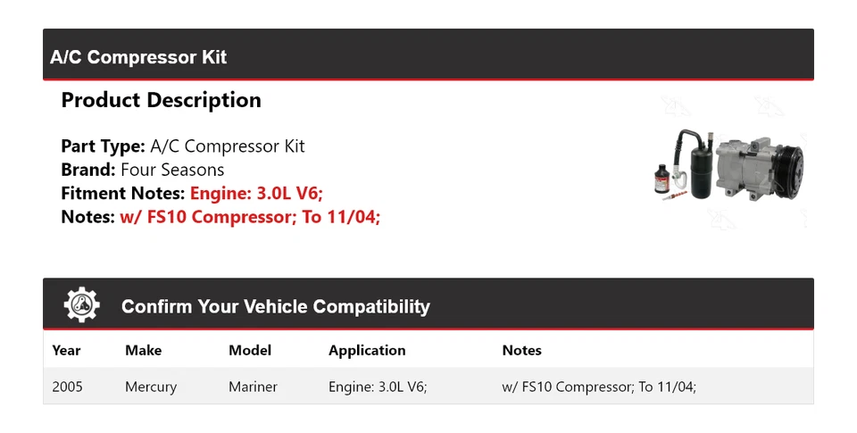 For 2005 Mercury Mariner 3.0L V6 A/C Compressor Kit 4 Seasons - Image 2 of 4