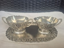 Antikes Versilbertes Sahne-Set - Zuckerschale, Milchk&auml;nnchen, Tablett
