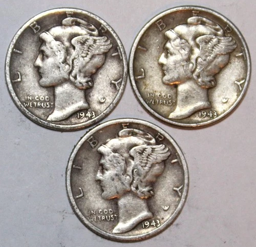 (3) Mercury Dimes - 1943D 1943P 1943S - VF/XF - #0484ED - FREE SHIPPING