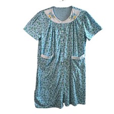 Vtg Floral House Dress Duster Blue Embroidered Rose Button Front M Cottagecore
