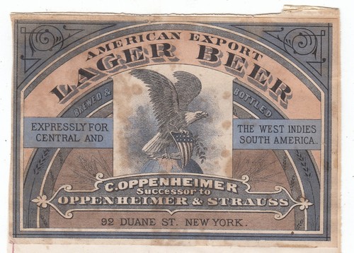 Original American Export Lager Beer Label by C Oppenheimer New York USA Oct 1880