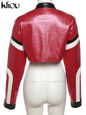 Womens Color Block Leather Jacket Zip Up Cropped Streetwear Coat