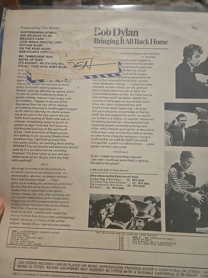 BOB DYLAN-BRINGING IT ALL BACK HOME 1965 CBS RECORDS ВЕЛИКОБРИТАНИЯ ИМП. SBPG 62515 VG+-VG - Изображение 2 из 4