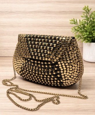 Gold Black Studded Crossbody Bag Chain Strap Metal Beaded Evening Clutch