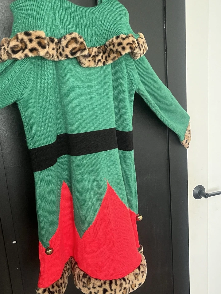 Vestido Holiday Time Elf con ribete de leopardo y campanas. Talla XL 16W-18W Foto 4 de 4