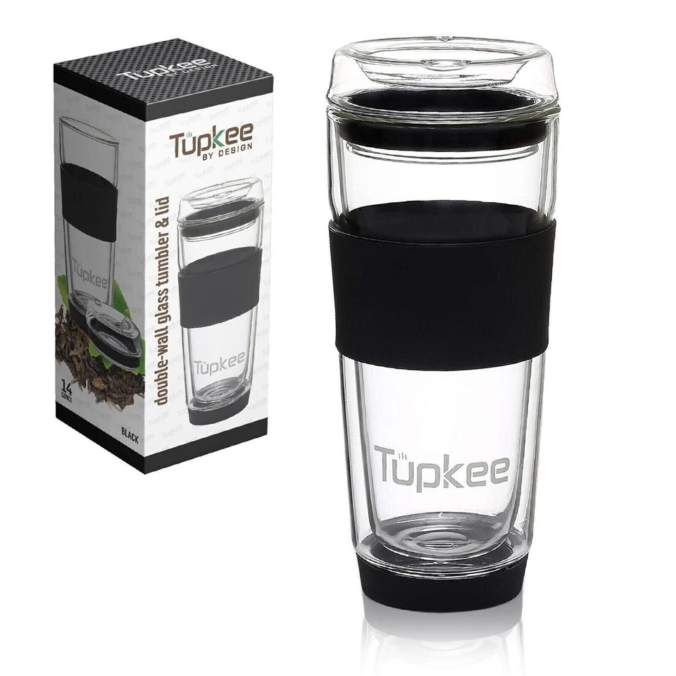 Tupkee Double Wall Glass Tumbler, 14oz All Glass Coffee Travel Mug & Lid, 2 Pack - Image 2 of 4
