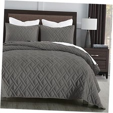 Quilt Set Queen Size Grey, Classic Geometric Full/Queen 90" x 96" Dark Grey 2