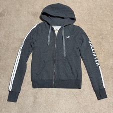 Hollister Gray Full Zip Hoodie Sweatshirt Logo Stripe Thumbholes Women S Y2K