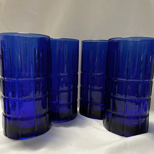 4 Vintage Anchor Hocking Cobalt Blue Tartan Manchester Flat 16oz Glass Tumbler