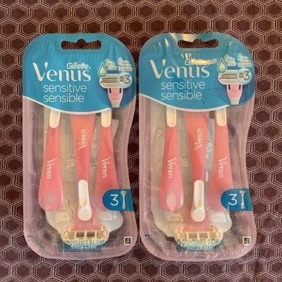 2 Gillette Venus Sensitive 3-Blade Disposable Razor, 3 CT, New, 6 Razors Total