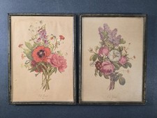 Vintage Pair JL Prevost Botanical Framed Flower 8" X 6" Prints In Brass Frames