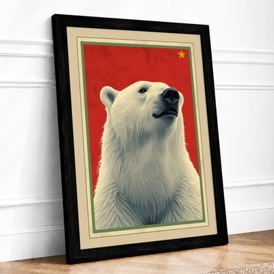 Eisbär mit rotem Stern Retro gerahmter Wandkunstdruck Wohndeko fertig zum Aufhängen