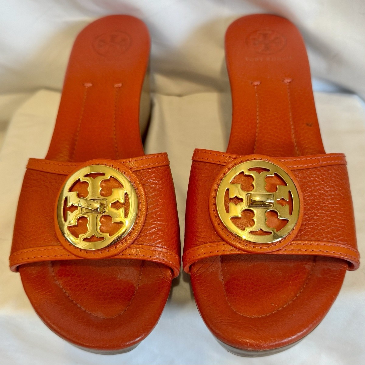 Tory Burch Orange Leather Slide Sandals Heels Women's Size 8M Gold