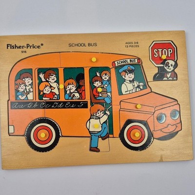 VTG 80s Fisher-Price Wooden Puzzle 13pc School Bus ABC Kids Toddler Complete