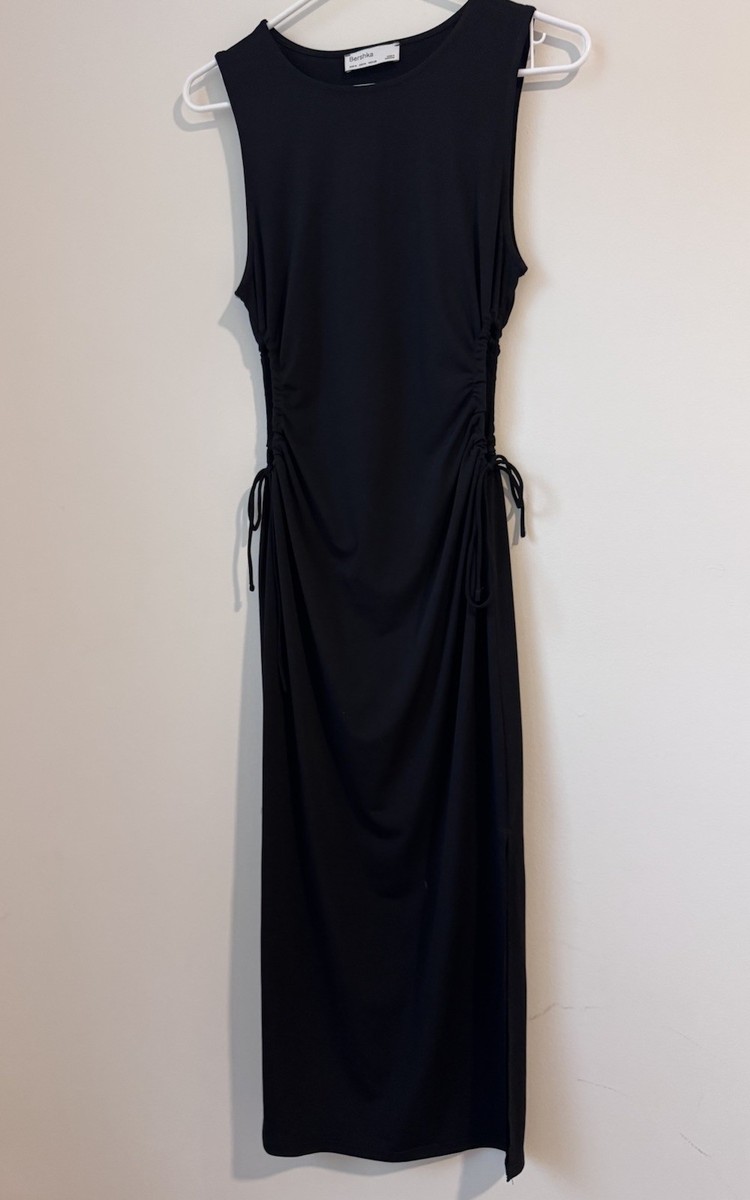bershka ruched dress Bershka Dress Black Ruched Drawstring Sheath Midi Sleeveless Pullover M