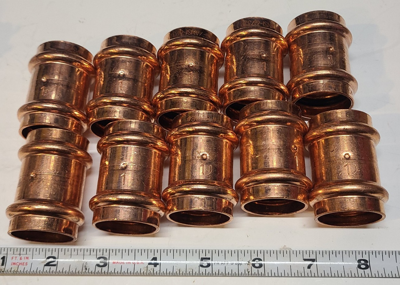 (Lot of 10) Copper Press Coupling 1" x 1", With Stop