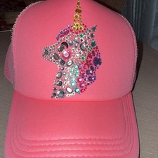Girls Pink Unicorn Rhinestone Trucker Hat Adjustable Mesh Back Cap