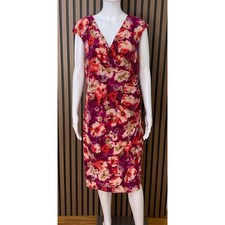 Lauren Ralph Lauren Floral Sheath Dress Magenta Pink Ruched V-Neck Size 12