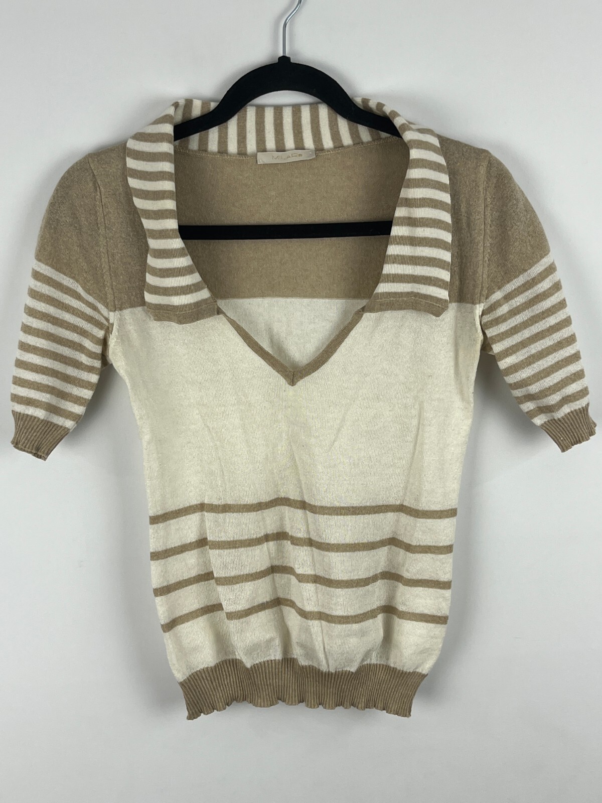 Milar Stretch Knit Beige Collared V-Neck Top Size S Short Sleeve
