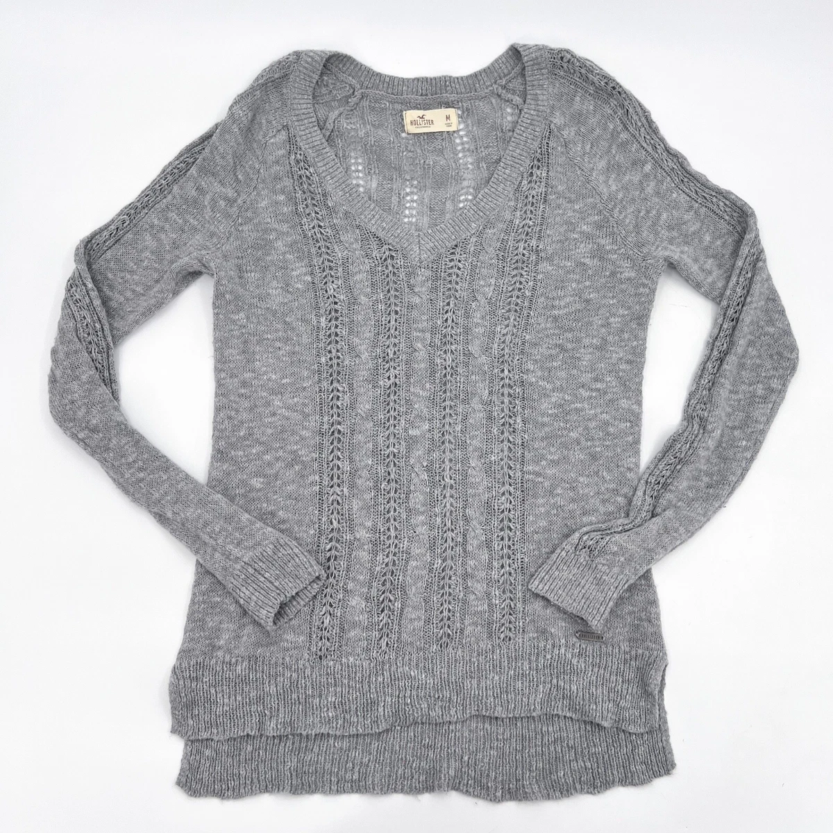 Hollister Sweater Womens Medium Gray Open Knit Long Sleeve V neck Pullover