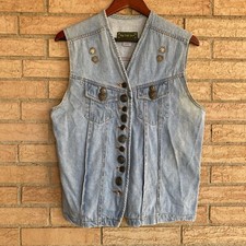 Bay City Link 90s Western Denim Vest Accent Buttons Size Xl Slim Fitted Aztec