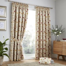 3" Pencil Pleat Curtains Pair Juliette Floral Jacquard Curtina Natural & Red