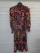 New Farm Tropical Shapes Long Sleeve Smocked Midi Dress Size Small