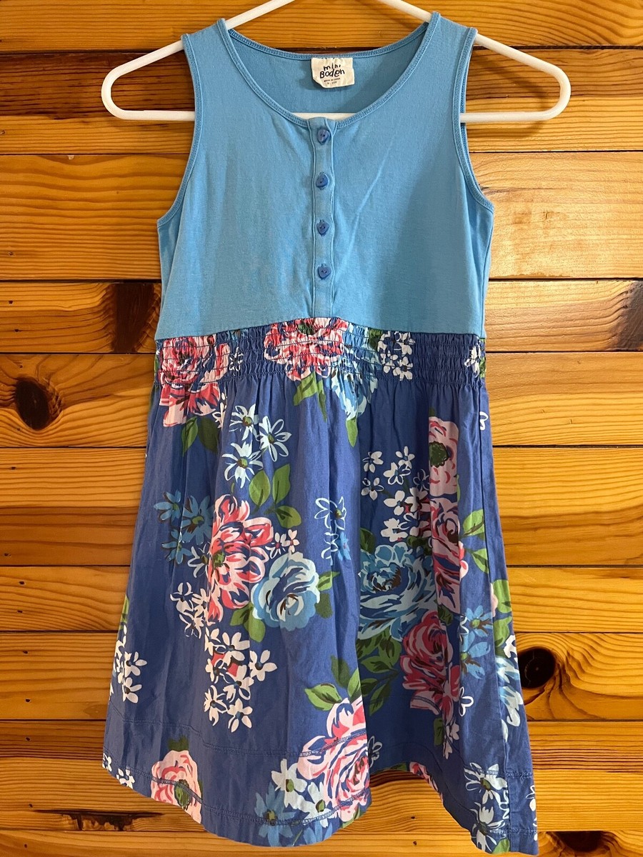 Mini Boden Tank Dress Girls Top Blue w/Blue Floral Skirt Heart Buttons Size  9-10 | eBay