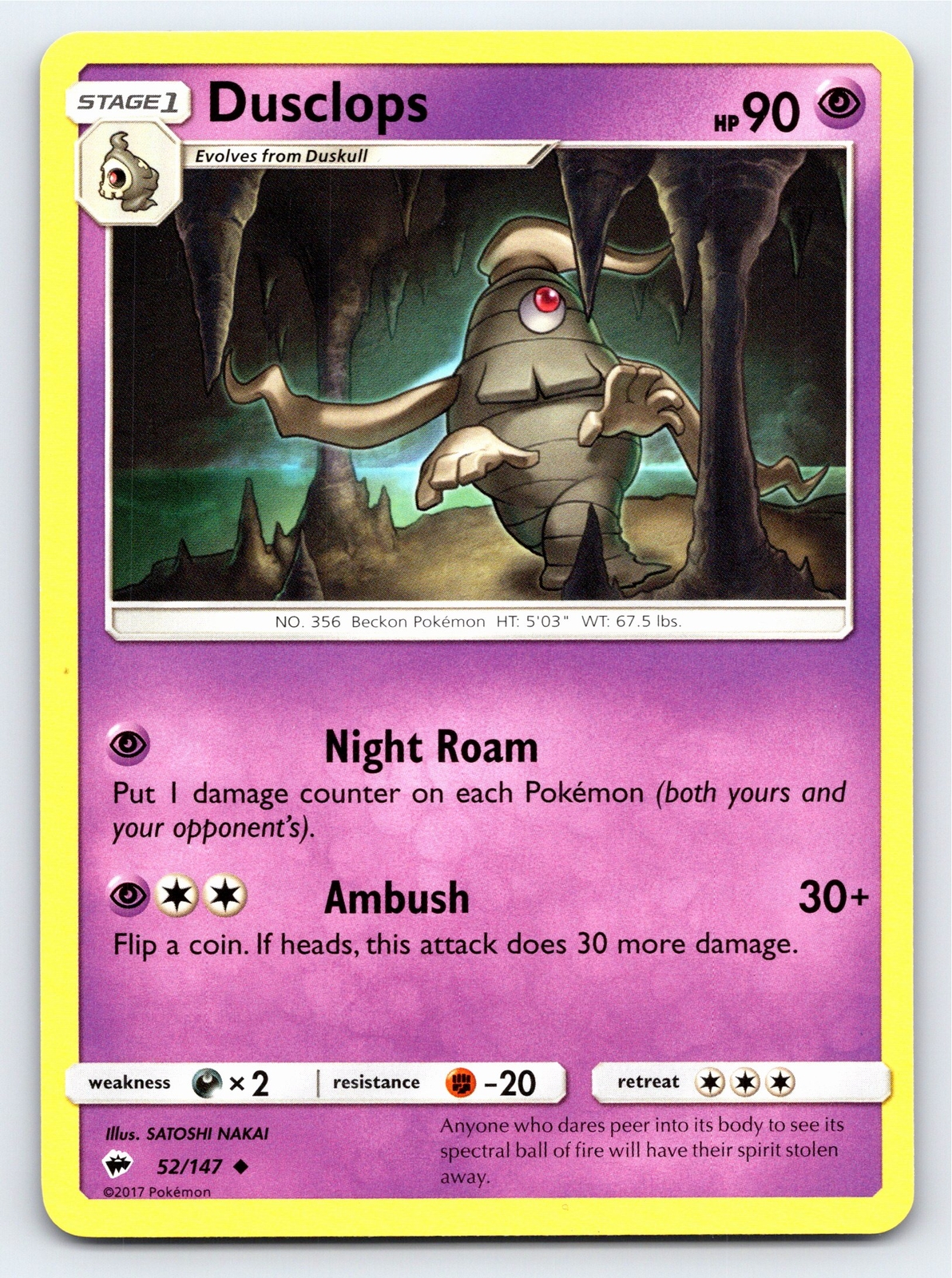 Dusclops 52/147 Uncommon Burning Shadows Pokemon Card - NM Near Mint