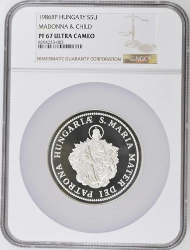 1986 Hungary Madonna 5 Uncia Silver 999 Coin - NGC PF 67 Ultra Cameo