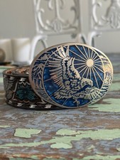 VTG 90s Nocona Tooled Blk Leather Belt Metallic Trim Eagles  Flowers 38 to 41