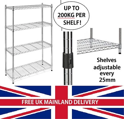 YORKSHIRE DISPLAYS LIMITED *Chrome Wire Shelving Unit 150cm H x 90cm W x 35cm D Storage Racking Heavy Duty