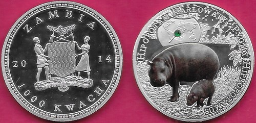 ZAMBIA 1000 KWACHA 2014 UNC PYGMY HIPPOPOTAMUS AND CALF,1 YEAR TYPE,NON CI