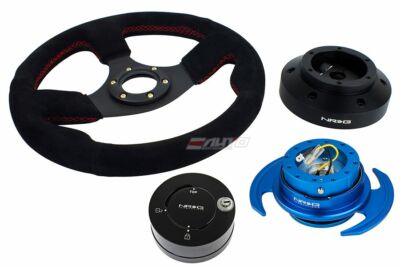 NRG 320mm Race Suede Steering Wheel Red Stitch 101H Hub 3.0 Blue Release Lock LB