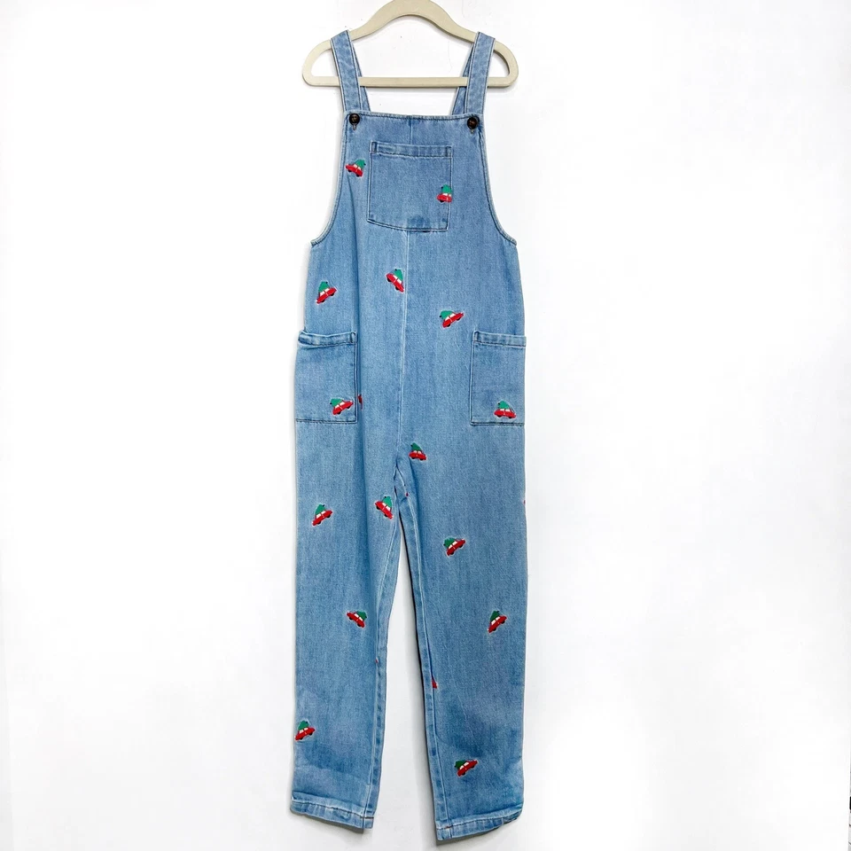Mini Boden Red Festive Car Embroidered Denim Overalls Size 6-7Y Christmas Trees - Image 2 of 4
