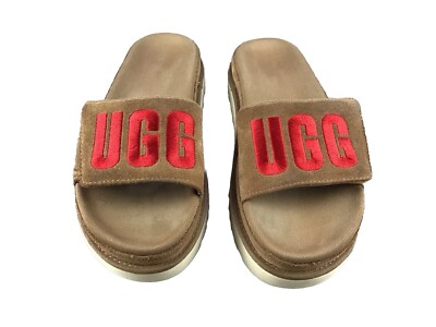 UGG 1110110 Women's Brown Suede Top Strap Latch Red Logo Slip On Slippers Size 7
