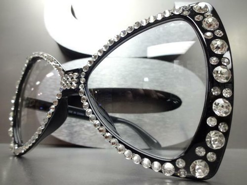 OVERSIZE EXAGGERATED Clear Lens EYE GLASSES Bling Crystals Bow Shape Black Frame - Picture 3 of 7