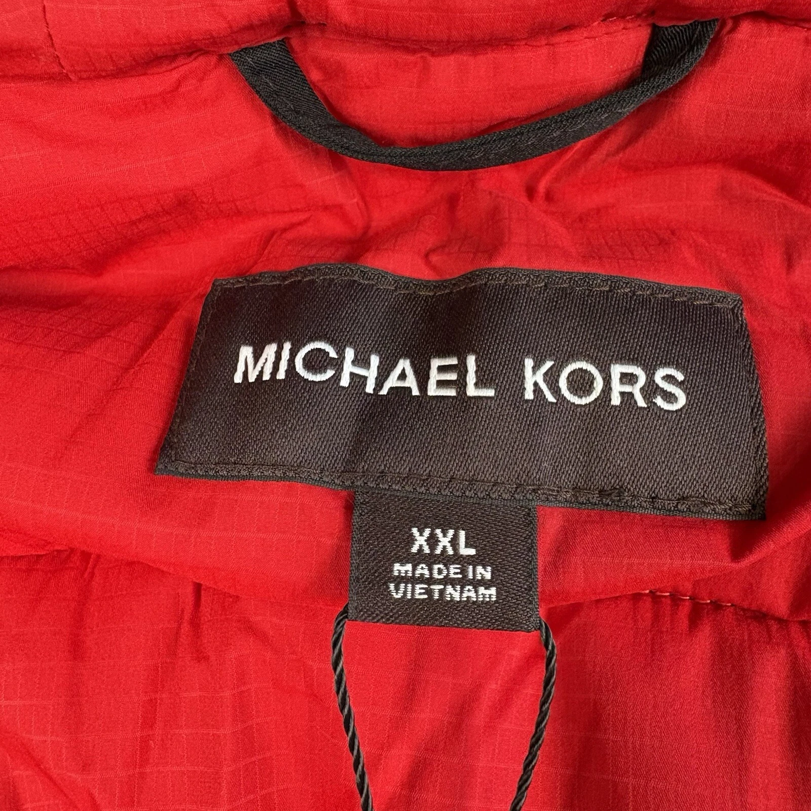 Michael Kors X TECH Uomo Taglia XXL Nero Rosso Puff Jacket con Cappuccio Primaloft Nuovo con etichette