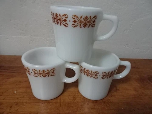 Lot 3 Vintage Pyrex by Corning Coffee Mugs-Brown Line Pattern-white w/brn border