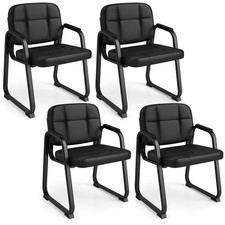 Leather Office Reception Chairs Set of 4 w/Padded Armrests Sled Base Metal Frame