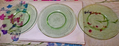 Three [3] Anchor Hocking Cameo Uranium Depression Glass Lunch Plates