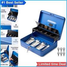 Large Cash Box with Key Lock Blue Metal Money Safe Box Portable Locking Tray