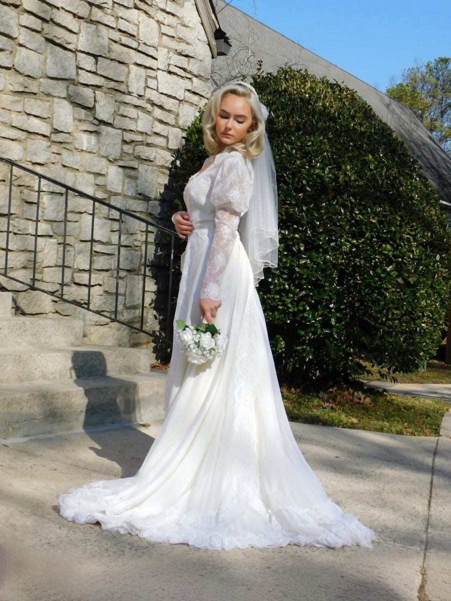 Satin 1950s Vintage Wedding Dress 1950's Duchess Satin Long Sleeve Wedding  Gown Wedding Dress