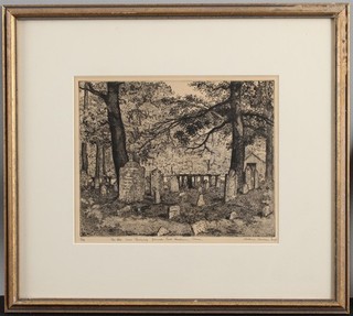 Pencil Signed KATHRIN CAWEIN Etching Connecticut Cemetery Graveyard Tombstones