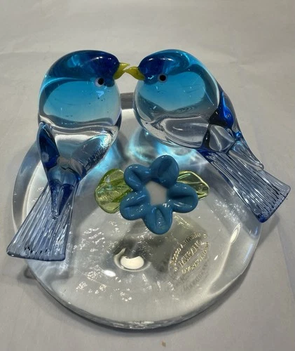 Stunning Vtg Murano Blue Glass Love Birds & Flower Paperweight By Rosso Antonio
