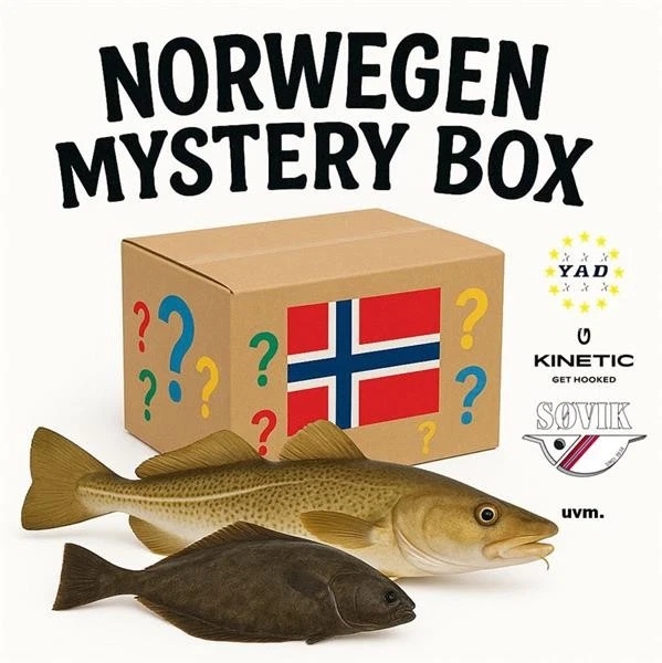 YAD, KINETIC UVM. Ü-Box Norwegen Angelzubehör Dorsch Heilbutt Köhler Geschenk Meeresangeln Island