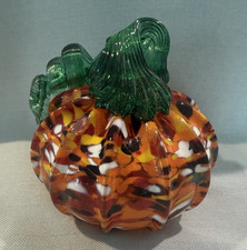 Hand Blown Art Glass Pumpkin Figurine Orange Confetti w/ Green Stem
