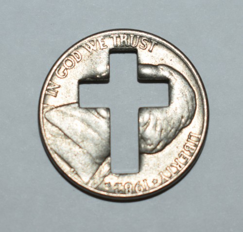 108t. RELIGIOUS, CHRISTIAN CROSS - CUT-OUT NOVELTY - FROM REAL JEFFERSON NICKEL