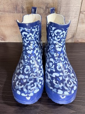 Talbots Rain Boots Size 7 Blue Leopard Rubber Pull On Waterproof Short