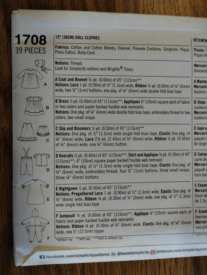 1708 Simplicity, FF, Sewing Pattern for 15 inch Doll Clothes, 2014, New - Image 3 of 4